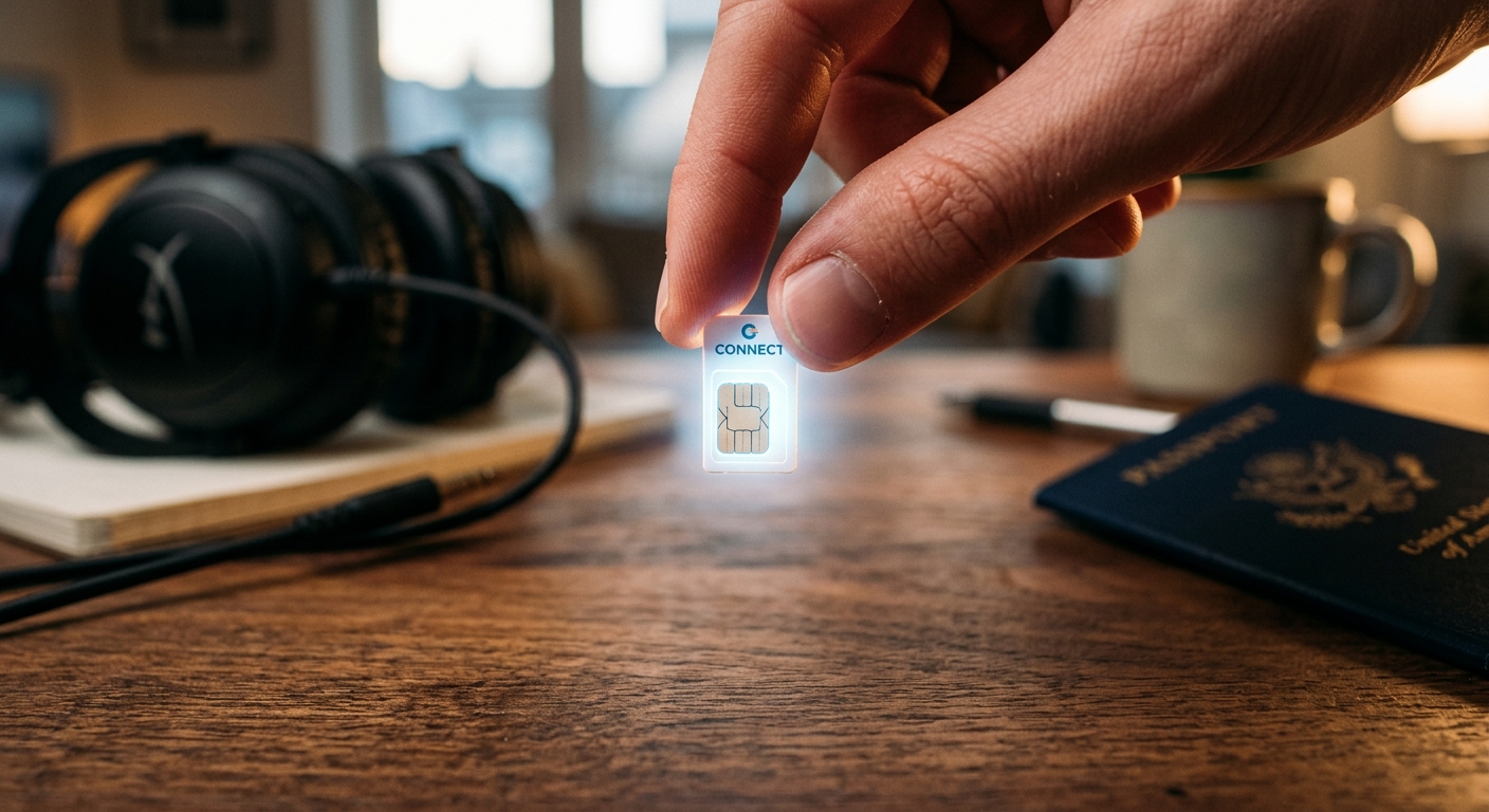 תקריב של יד מחזיקה כרטיס סים (eSIM) מואר עם הכיתוב CONNECT מעל שולחן עץ שעליו מונחים דרכון, אוזניות וציוד נסיעות, להמחשת חיבור לאינטרנט בחו"ל